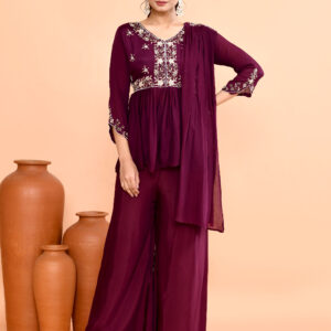 Wine Maroon Peplum Kurta With Sharara Dupatta Set