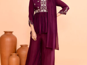 Wine Maroon Peplum Kurta With Sharara Dupatta Set