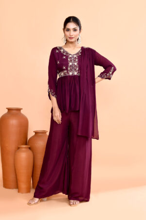Wine Maroon Peplum Kurta With Sharara Dupatta Set