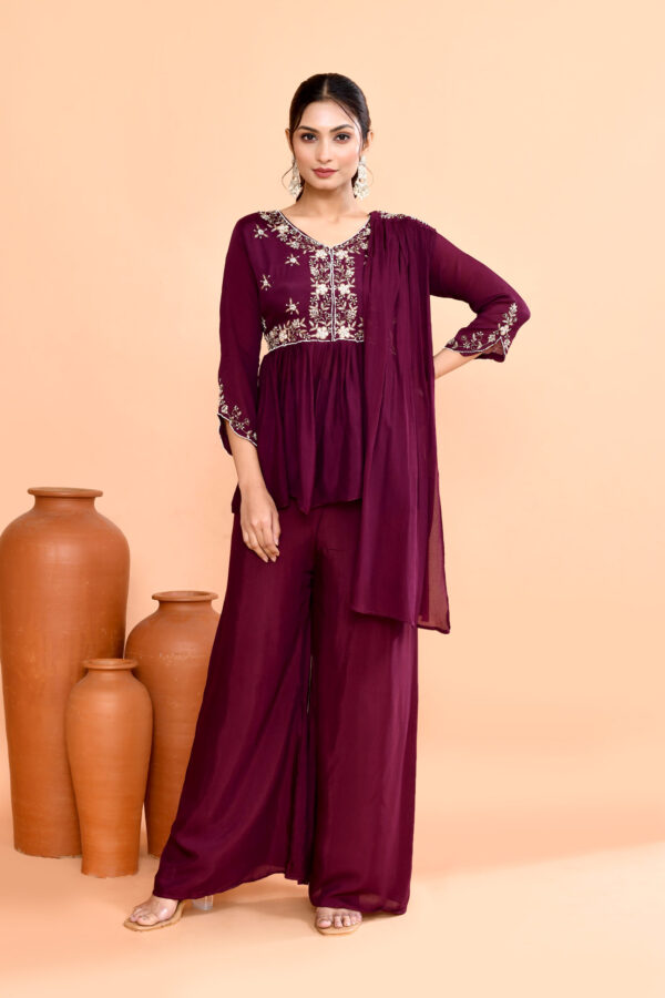 Wine Maroon Peplum Kurta With Sharara Dupatta Set