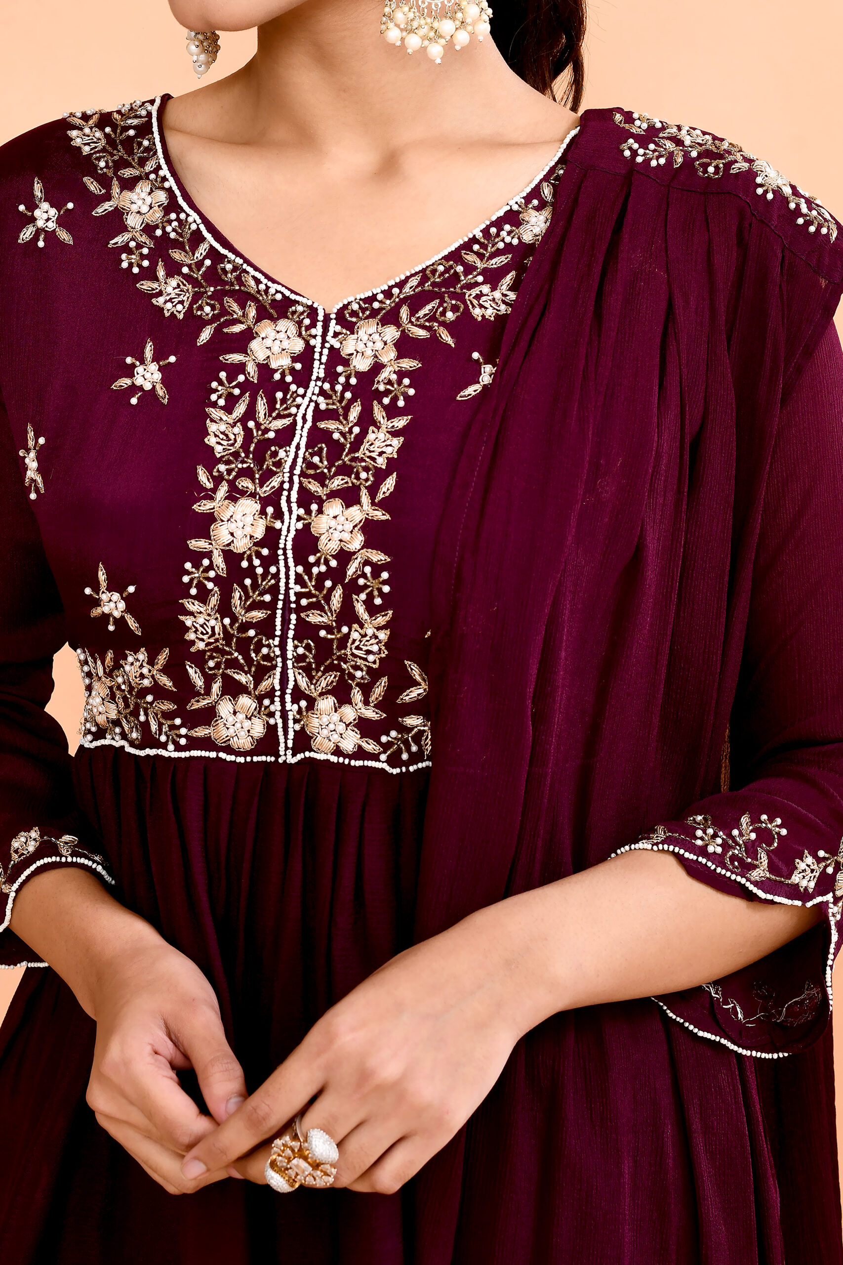 Wine Maroon Peplum Kurta With Sharara Dupatta Set - Image 4