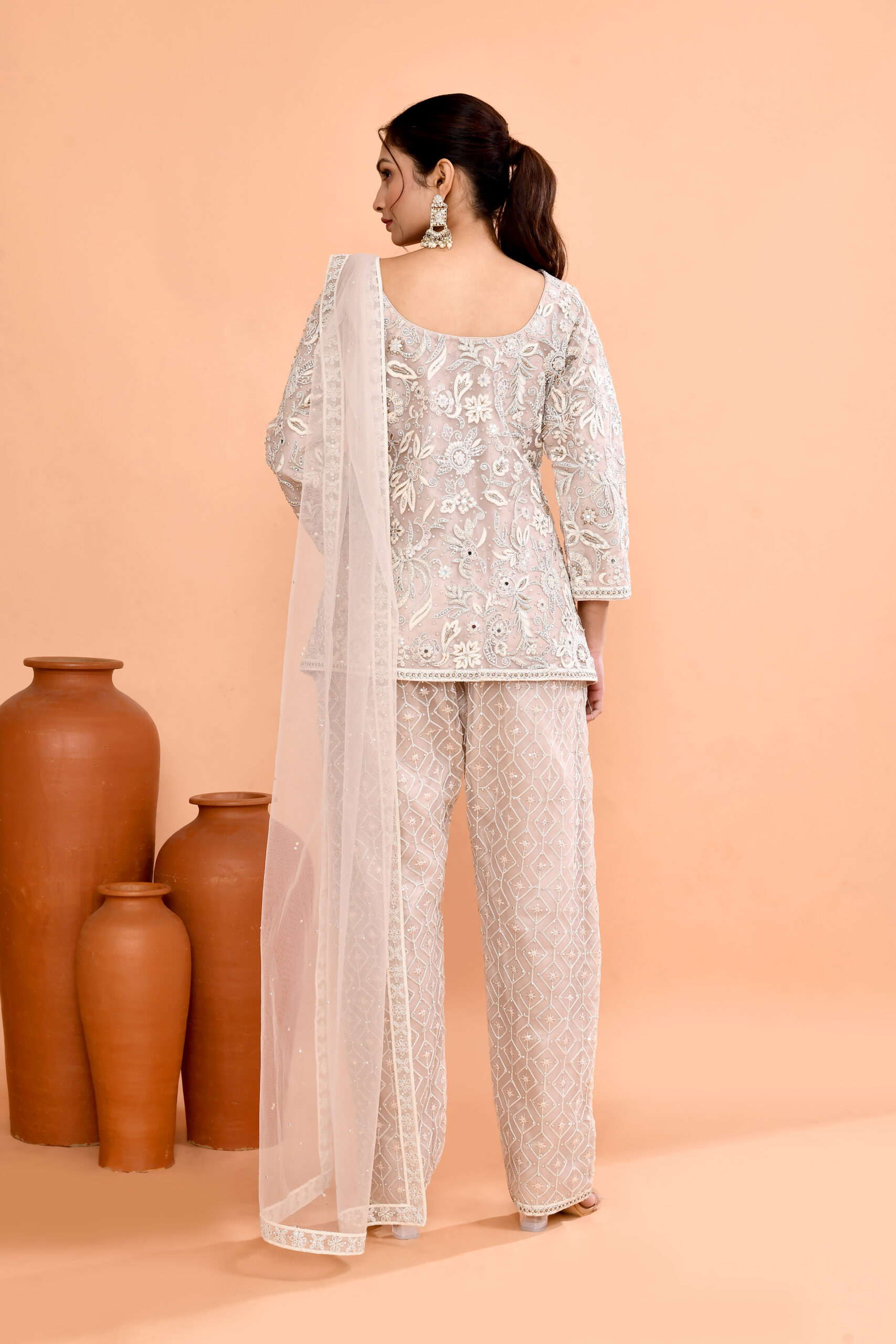 Ivory Off White Net Short Shirt And Palazzo Set - Image 3