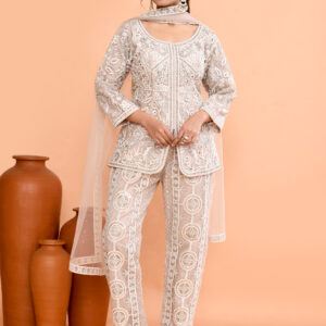 Ivory Off White Net Short Shirt And Palazzo Set