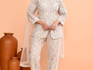 Ivory Off White Net Short Shirt And Palazzo Set