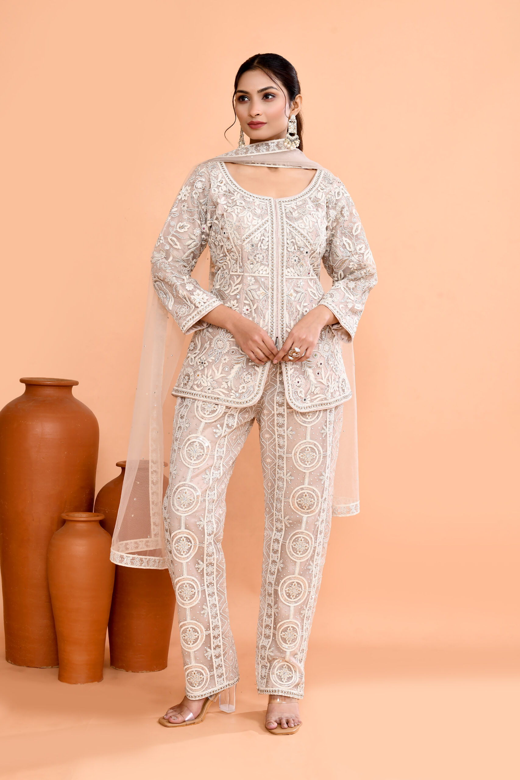 Ivory Off White Net Short Shirt And Palazzo Set