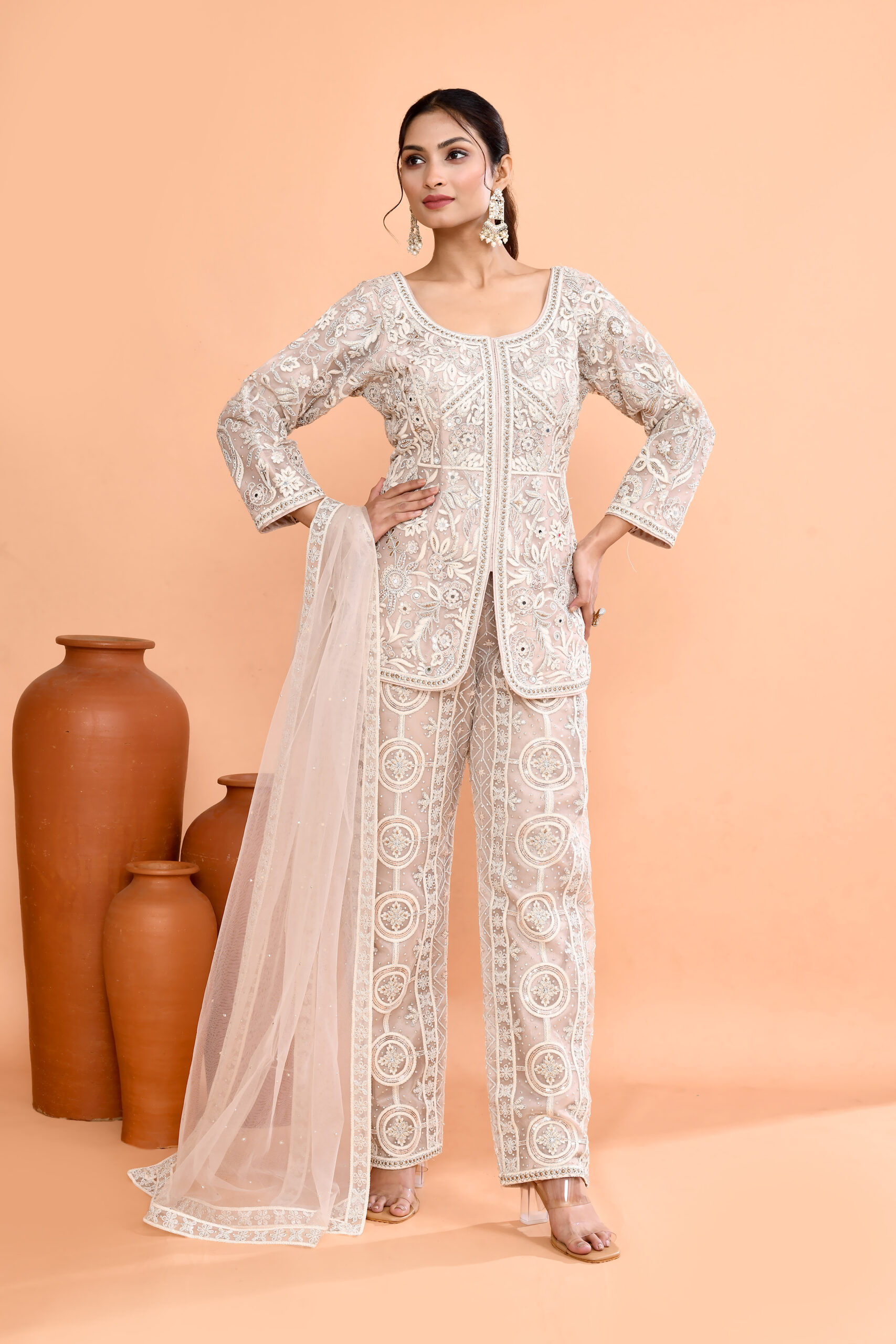 Ivory Off White Net Short Shirt And Palazzo Set - Image 2