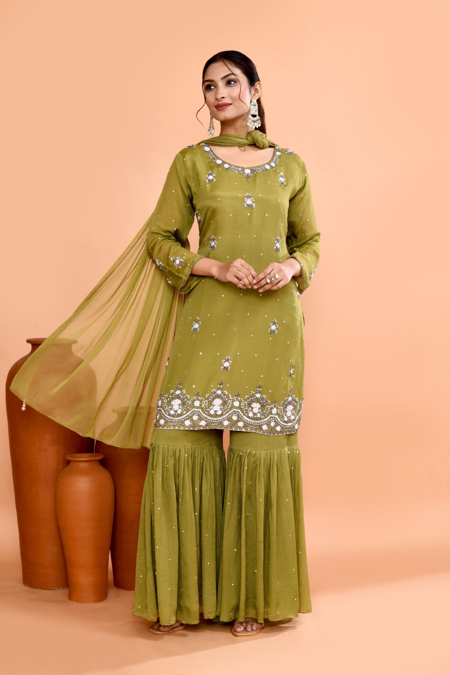 Olive Green Sharara Suit Set