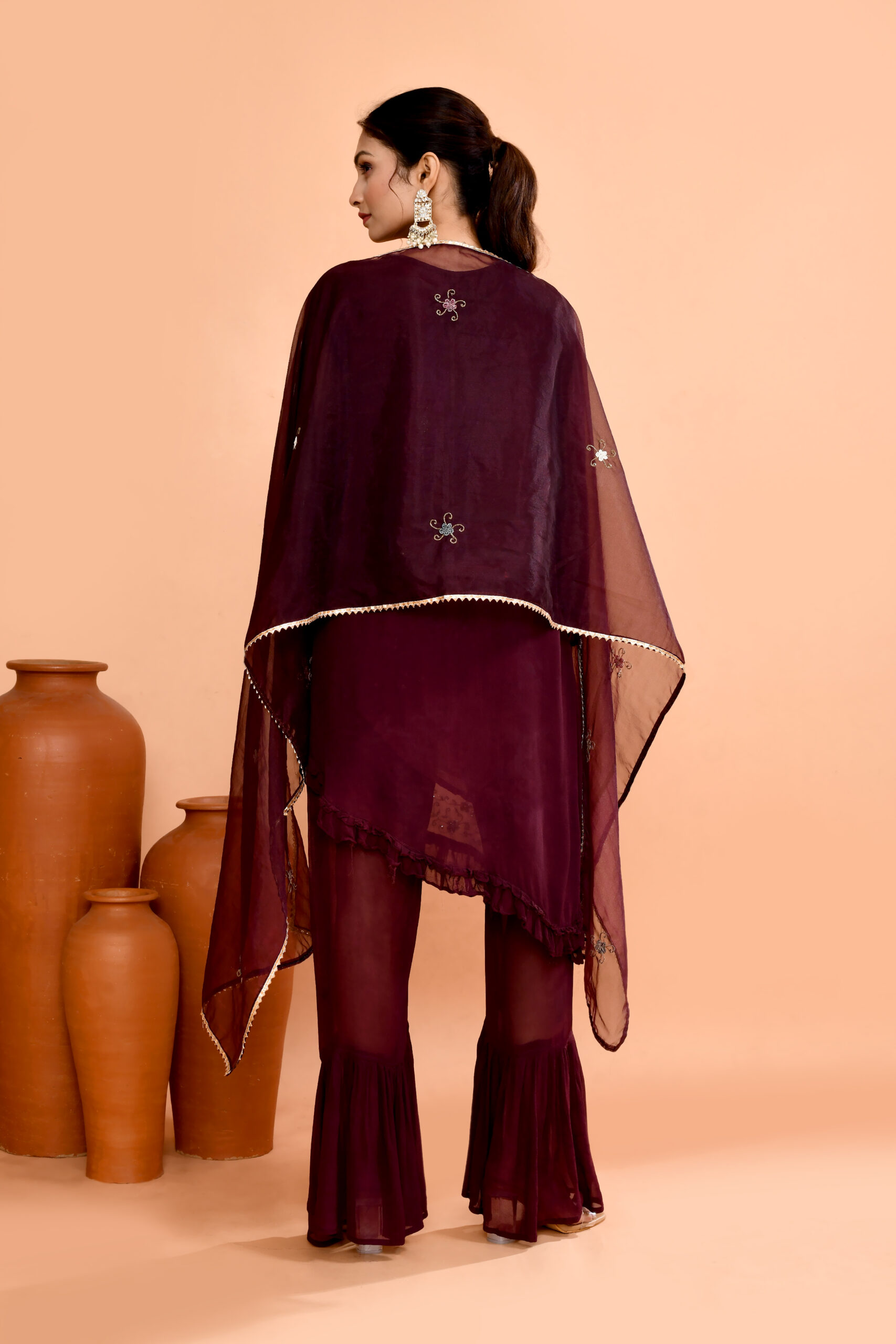 Wine-Colored Ethnic Peplum-Style Kurta With Flared Palazzo Pants And Dupatta - Image 3
