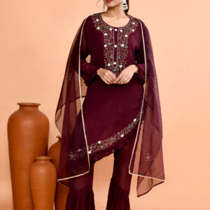 Wine-Colored Ethnic Peplum-Style Kurta With Flared Palazzo Pants And Dupatta