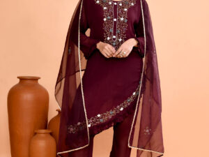 Wine-Colored Ethnic Peplum-Style Kurta With Flared Palazzo Pants And Dupatta