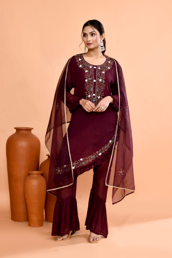 Wine-Colored Ethnic Peplum-Style Kurta With Flared Palazzo Pants And Dupatta