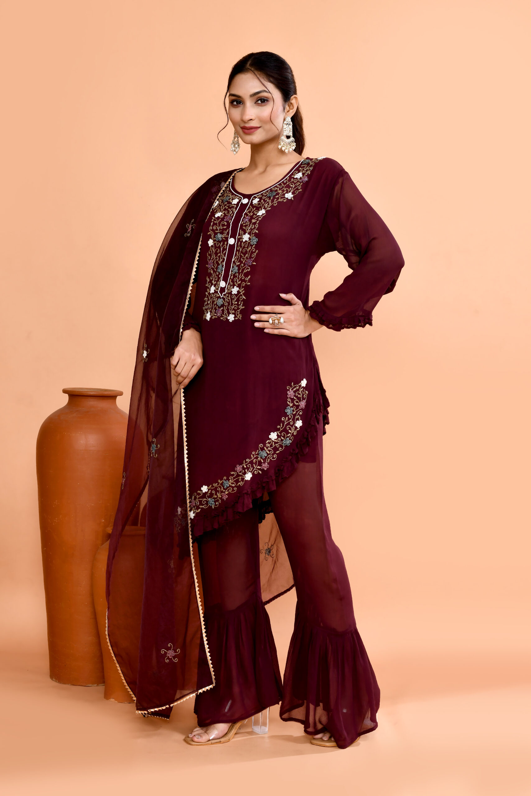 Wine-Colored Ethnic Peplum-Style Kurta With Flared Palazzo Pants And Dupatta - Image 2