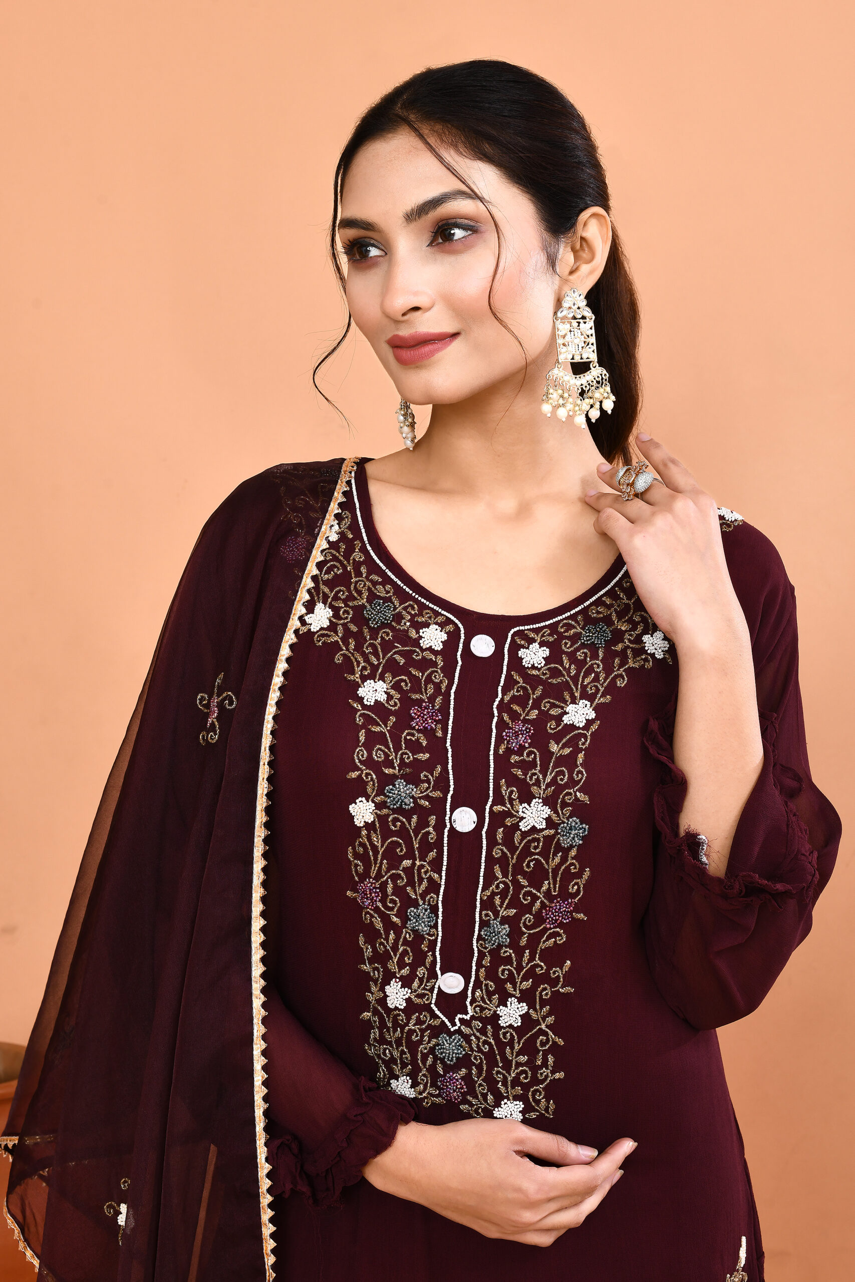 Wine-Colored Ethnic Peplum-Style Kurta With Flared Palazzo Pants And Dupatta - Image 4