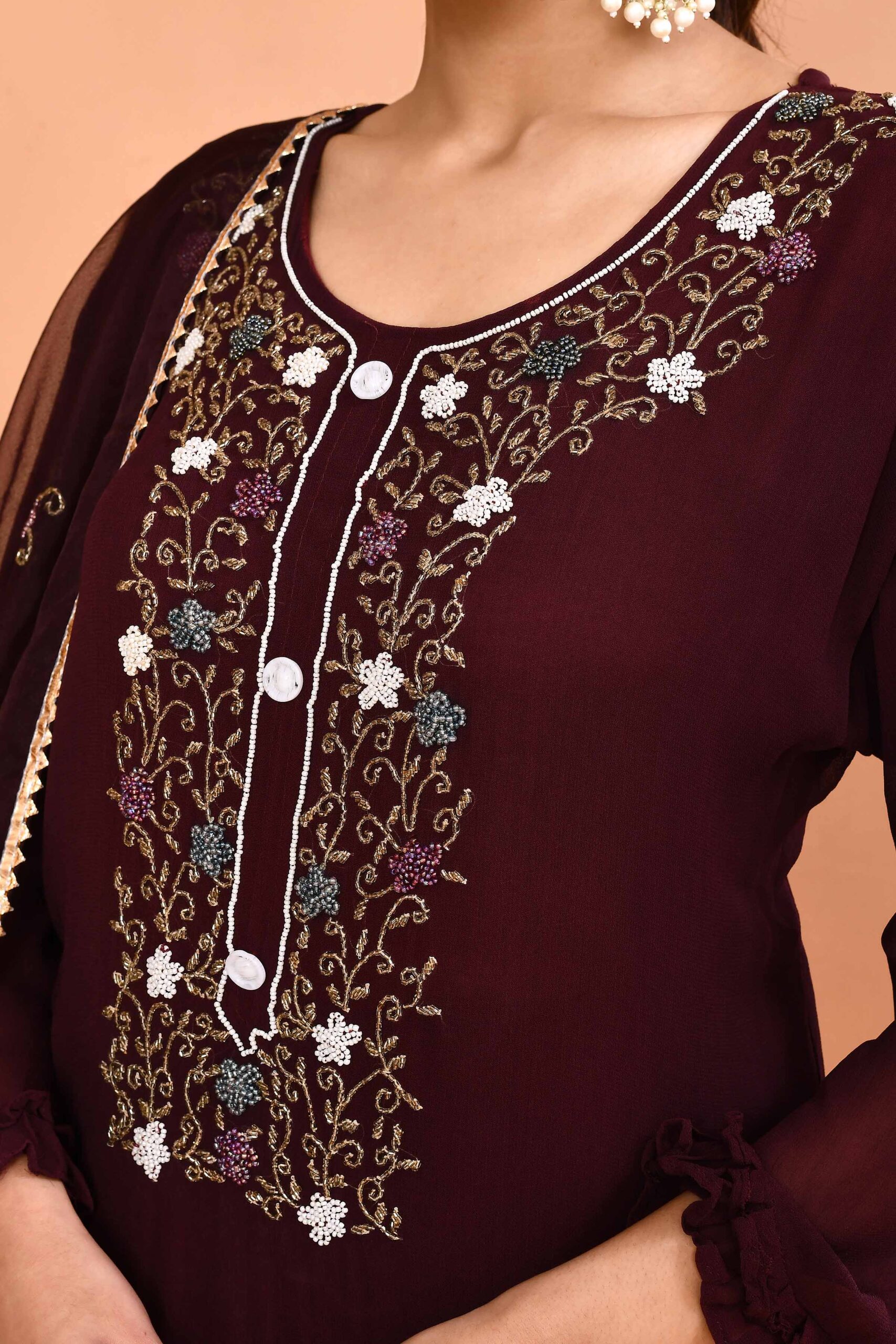 Wine-Colored Ethnic Peplum-Style Kurta With Flared Palazzo Pants And Dupatta - Image 5