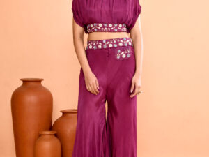 Purple Georgette Co-ord Set With Crop Top And Flared Palazzo Pants