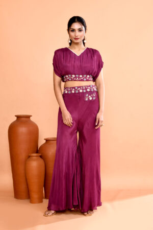 Purple Georgette Co-ord Set With Crop Top And Flared Palazzo Pants
