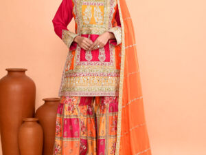 Hot Pink Kurta with Multi-Colored Embroidered Sharara Set
