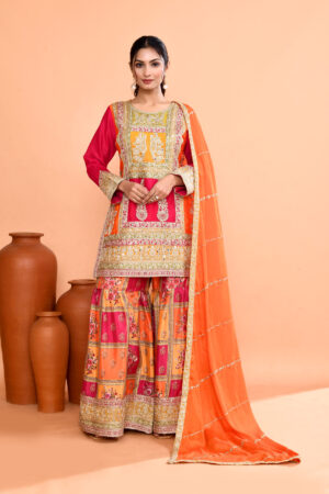 Hot Pink Kurta with Multi-Colored Embroidered Sharara Set