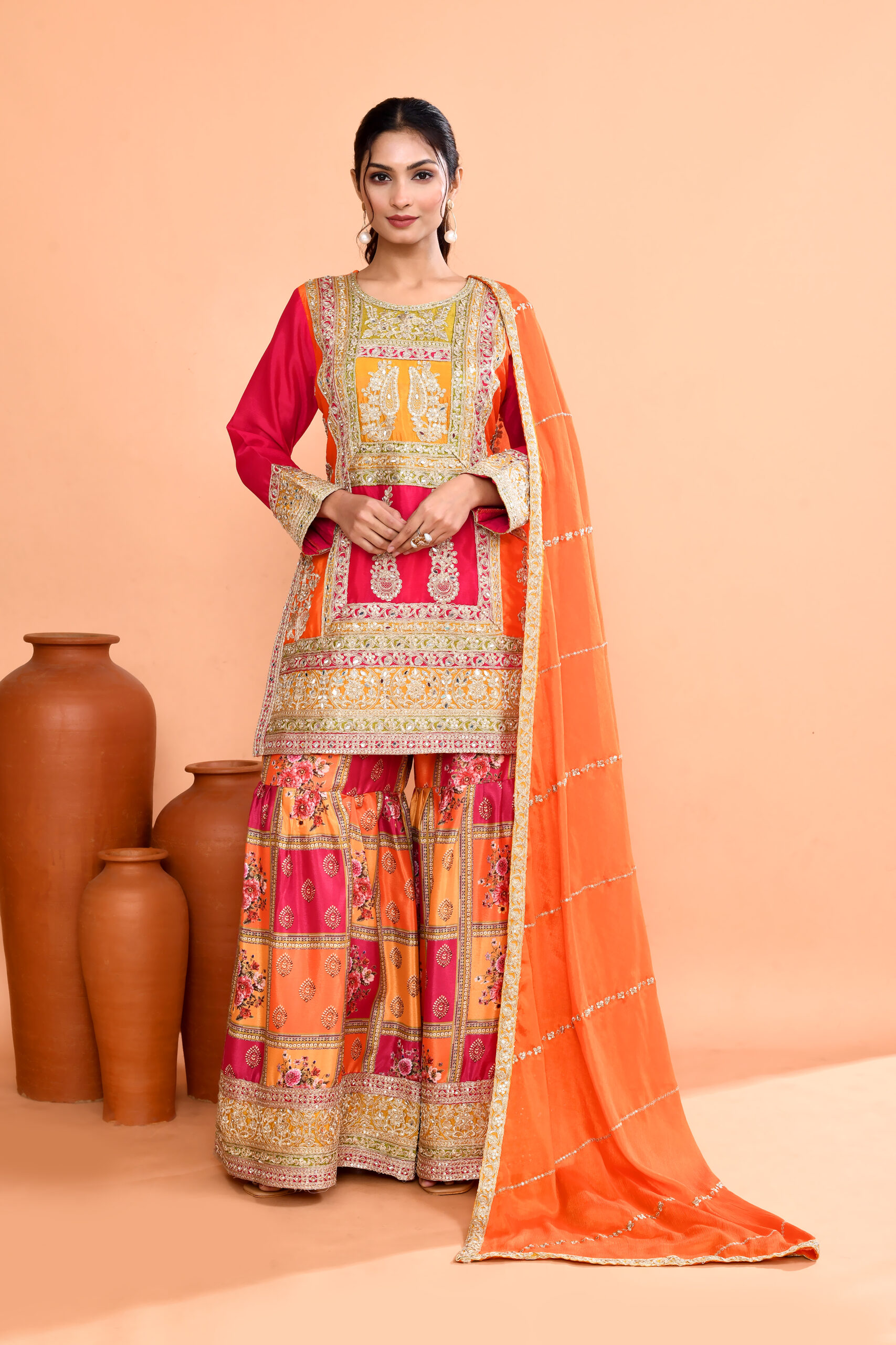 Multi-Colored Embroidered Kurta And Sharara Set