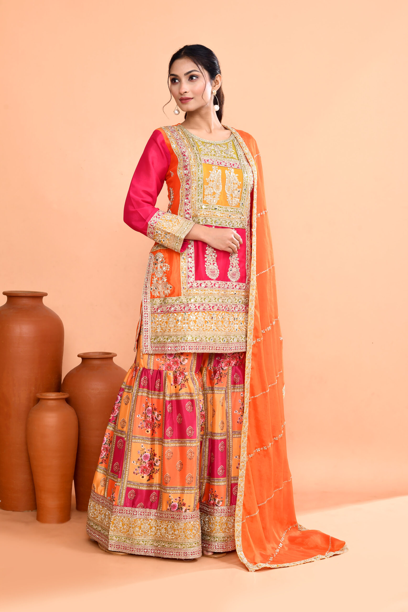 Multi-Colored Embroidered Kurta And Sharara Set - Image 2