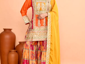 Orange Chinon Silk Hand Embroidered Sharara Set