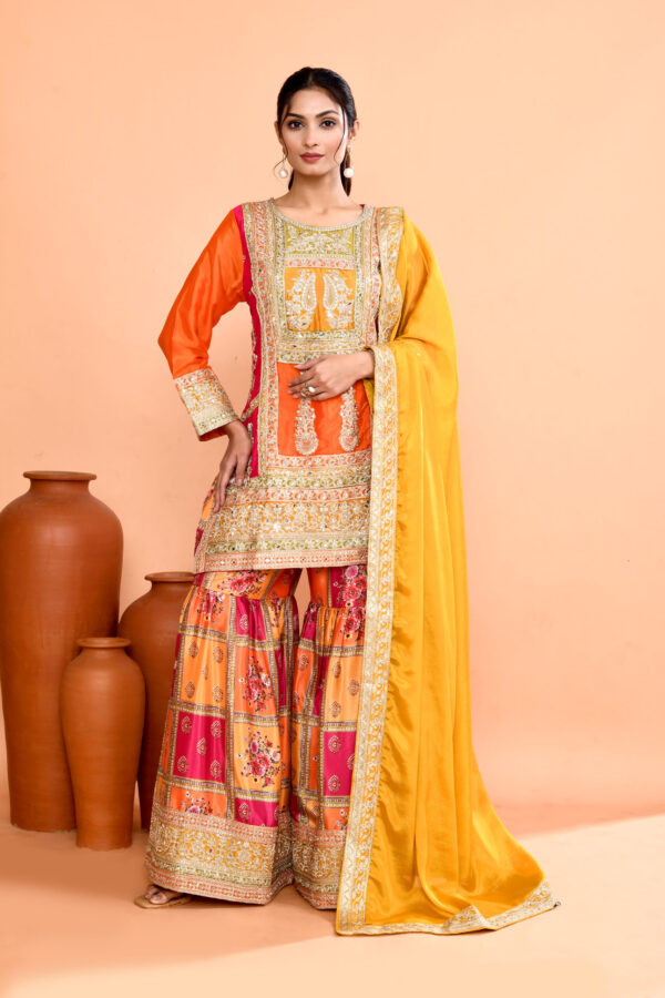 Orange Chinon Silk Hand Embroidered Sharara Set