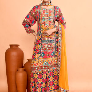 Multi-Color Printed Kurta And Sharara set With Traditional Mirror Work Or Gamthi Embroidery