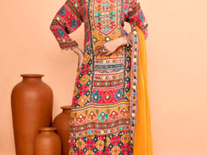 Multi-Color Printed Kurta And Sharara set With Traditional Mirror Work Or Gamthi Embroidery