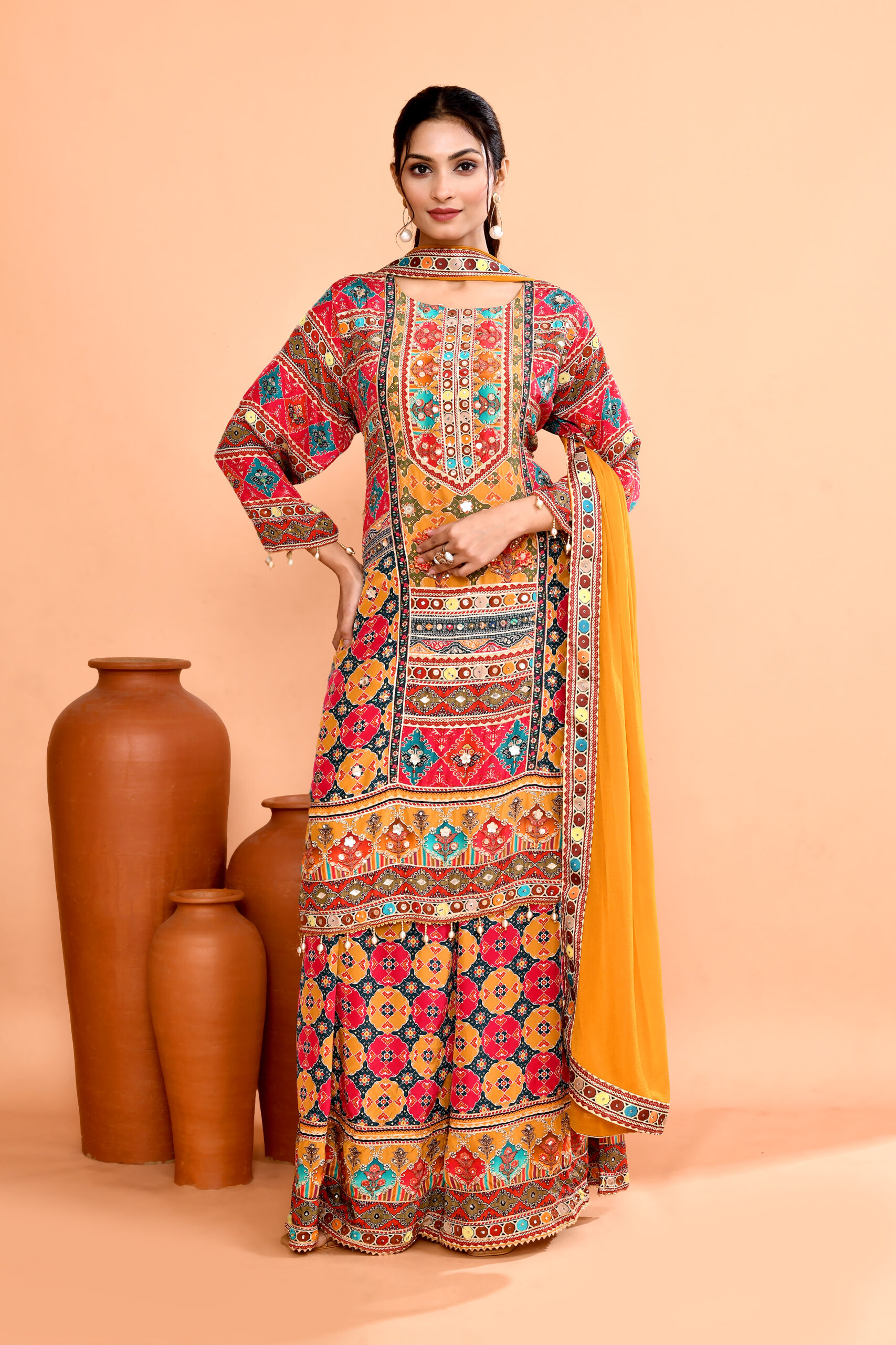 Multi-Color Printed Kurta And Sharara set With Traditional Mirror Work Or Gamthi Embroidery
