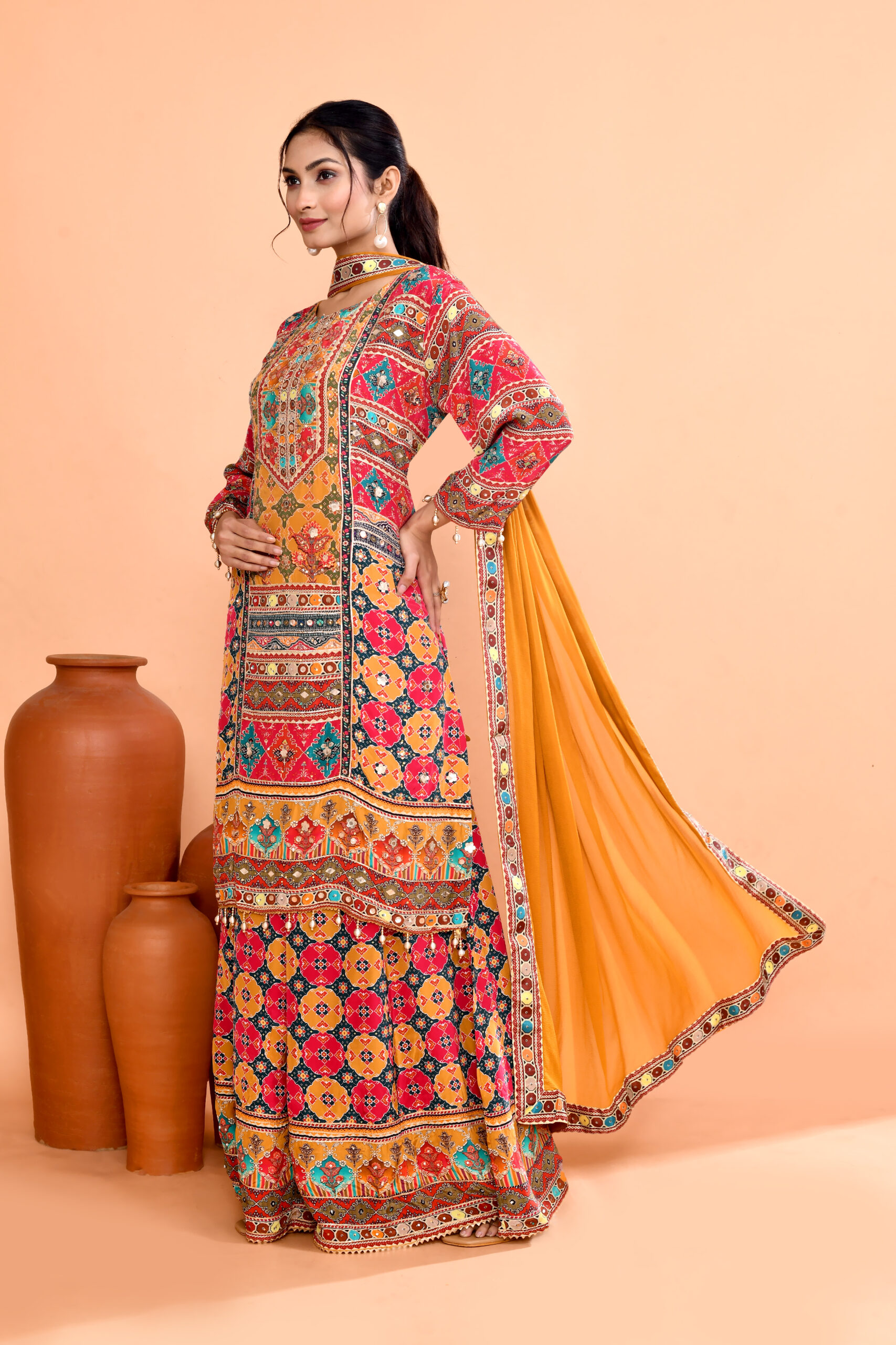 Multi-Color Printed Kurta And Sharara set With Traditional Mirror Work Or Gamthi Embroidery - Image 2