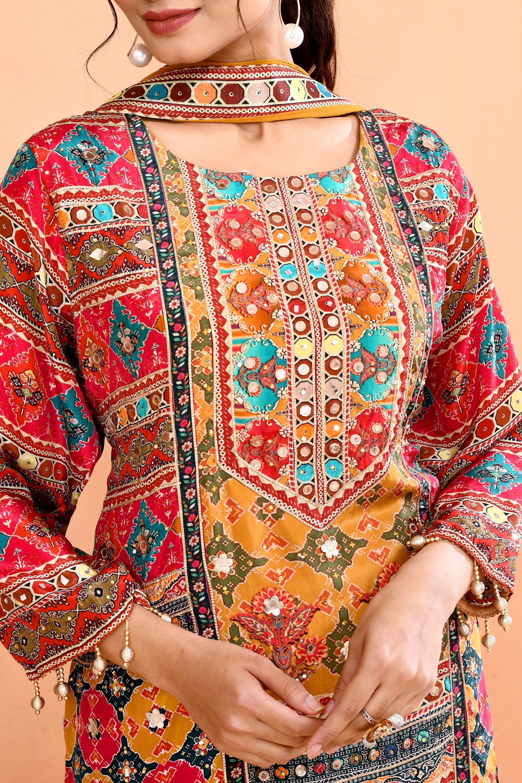 Multi-Color Printed Kurta And Sharara set With Traditional Mirror Work Or Gamthi Embroidery - Image 5