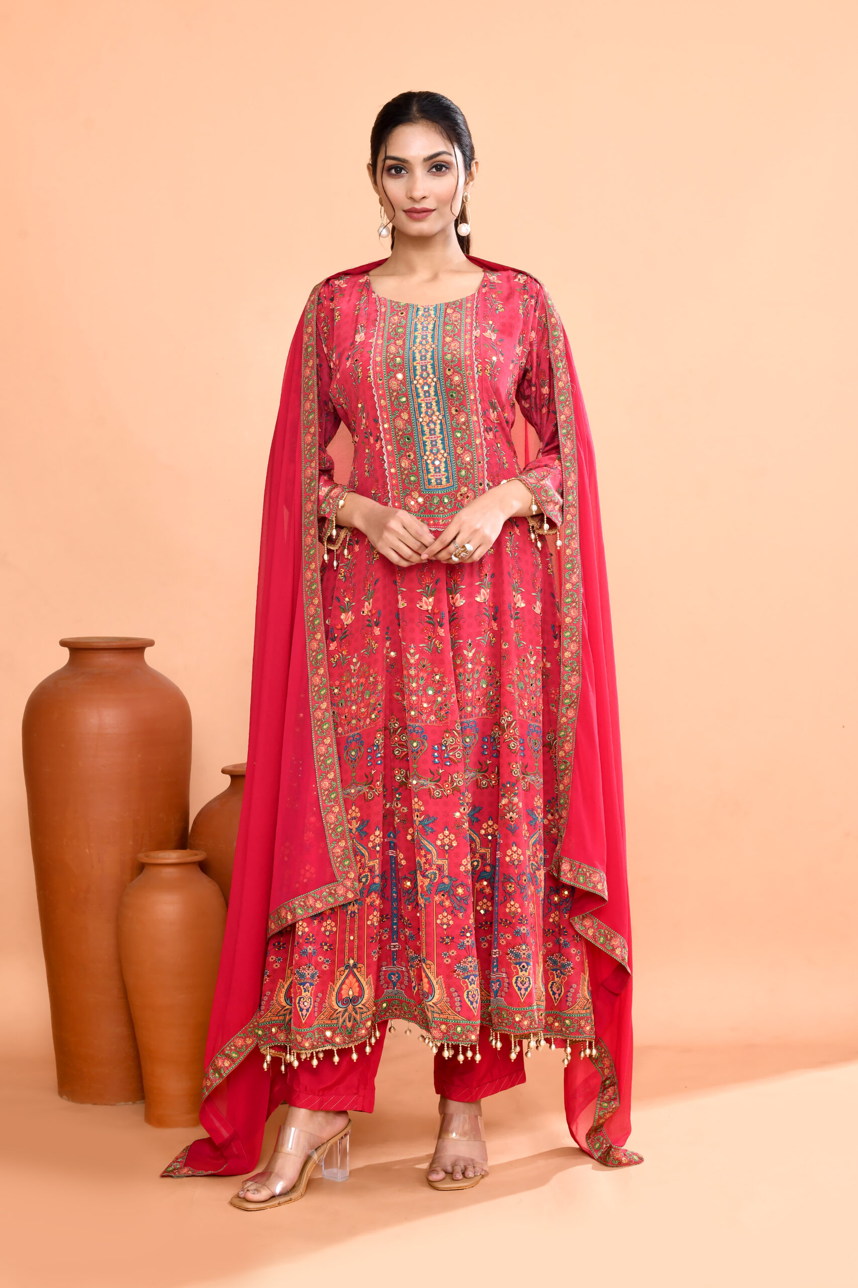 Pink Embroidered Anarkali Suit Set