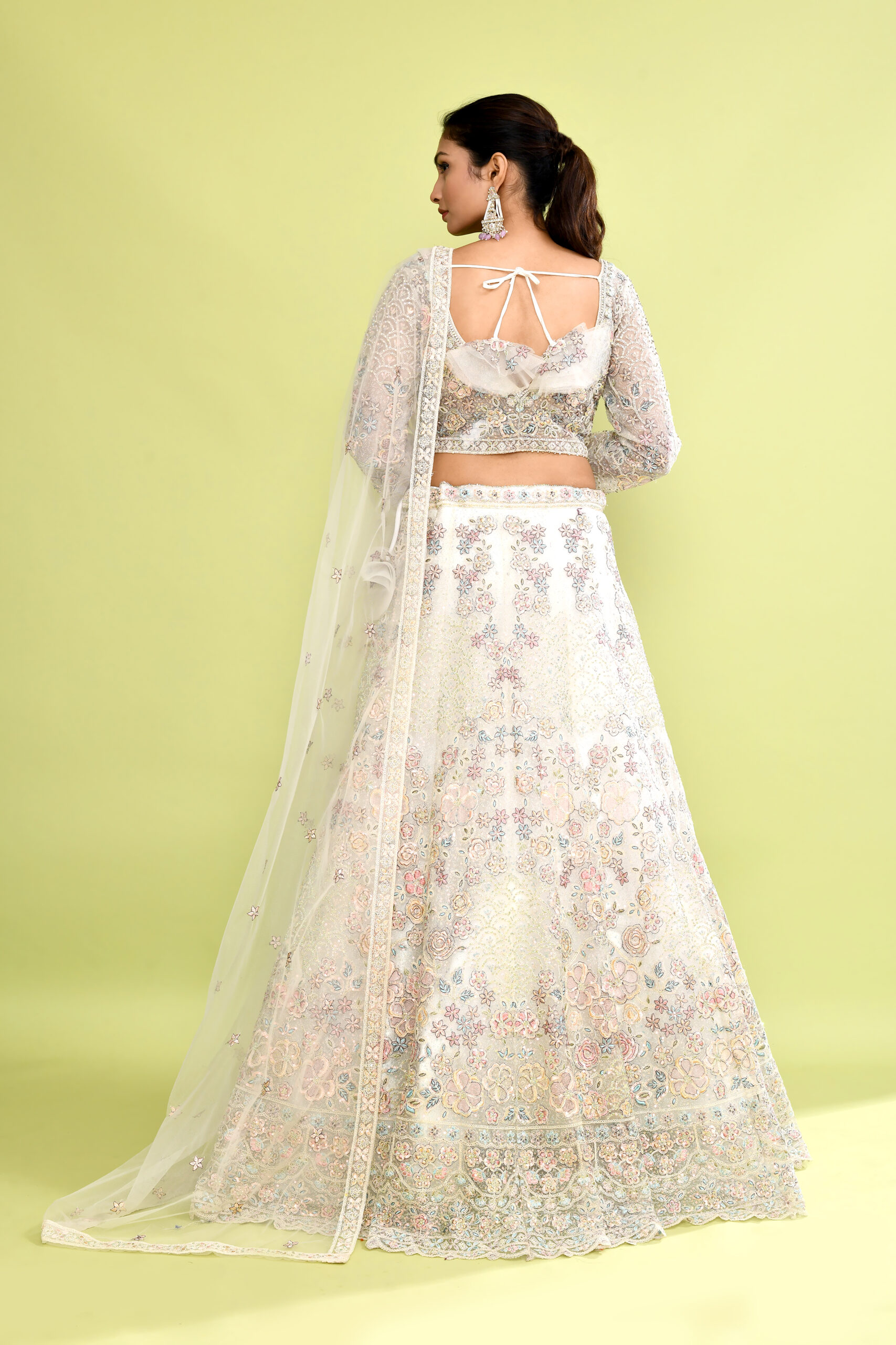 Peacock Theme White Thread Zardozi Embroidery Lehenga Choli Set & Scalloped Dupatta - Image 3