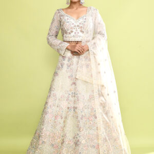 Peacock Theme White Thread Zardozi Embroidery Lehenga Choli Set & Scalloped Dupatta
