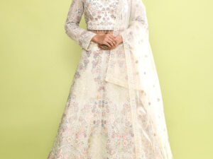 Peacock Theme White Thread Zardozi Embroidery Lehenga Choli Set & Scalloped Dupatta