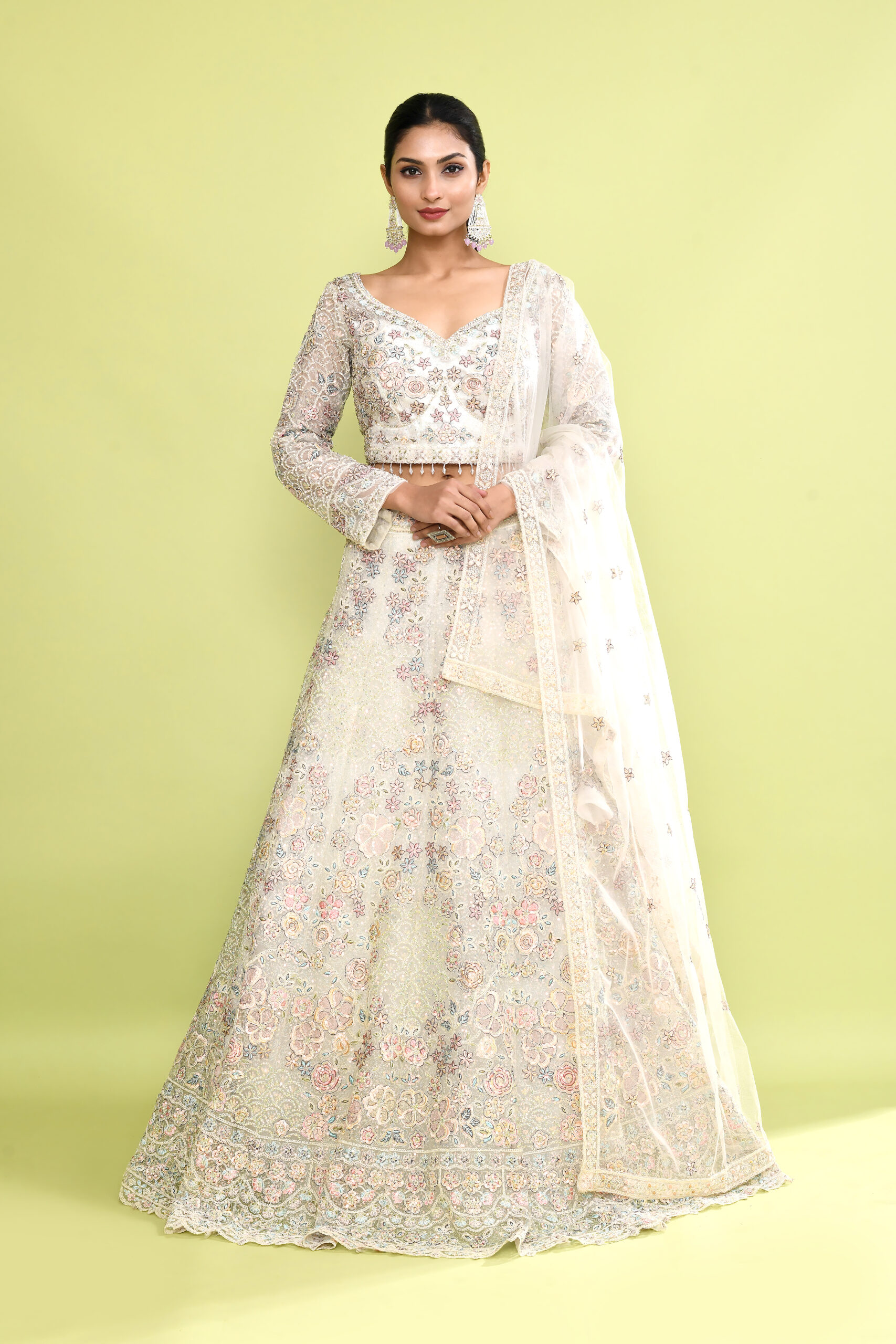 Peacock Theme White Thread Zardozi Embroidery Lehenga Choli Set & Scalloped Dupatta