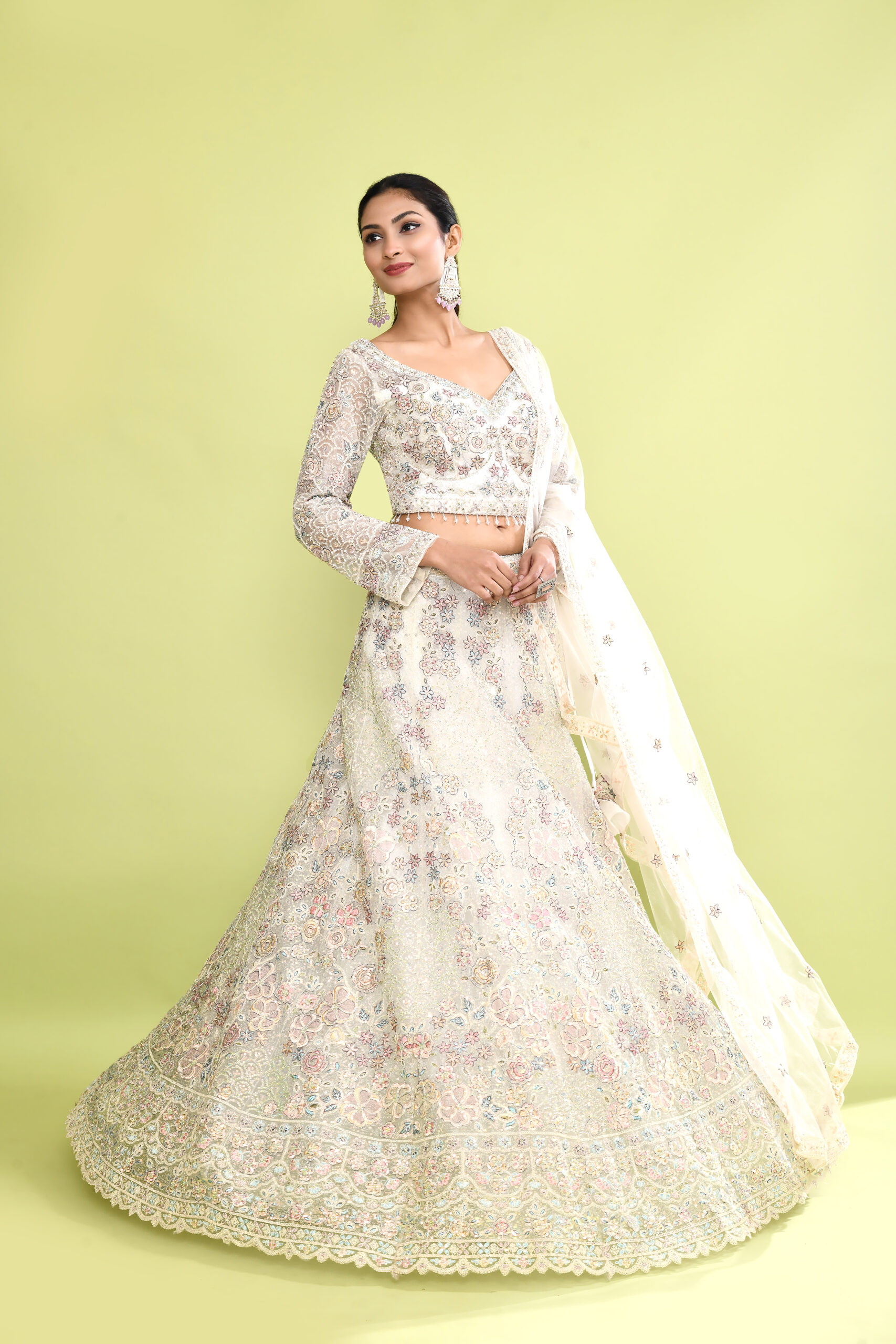 Peacock Theme White Thread Zardozi Embroidery Lehenga Choli Set & Scalloped Dupatta - Image 2