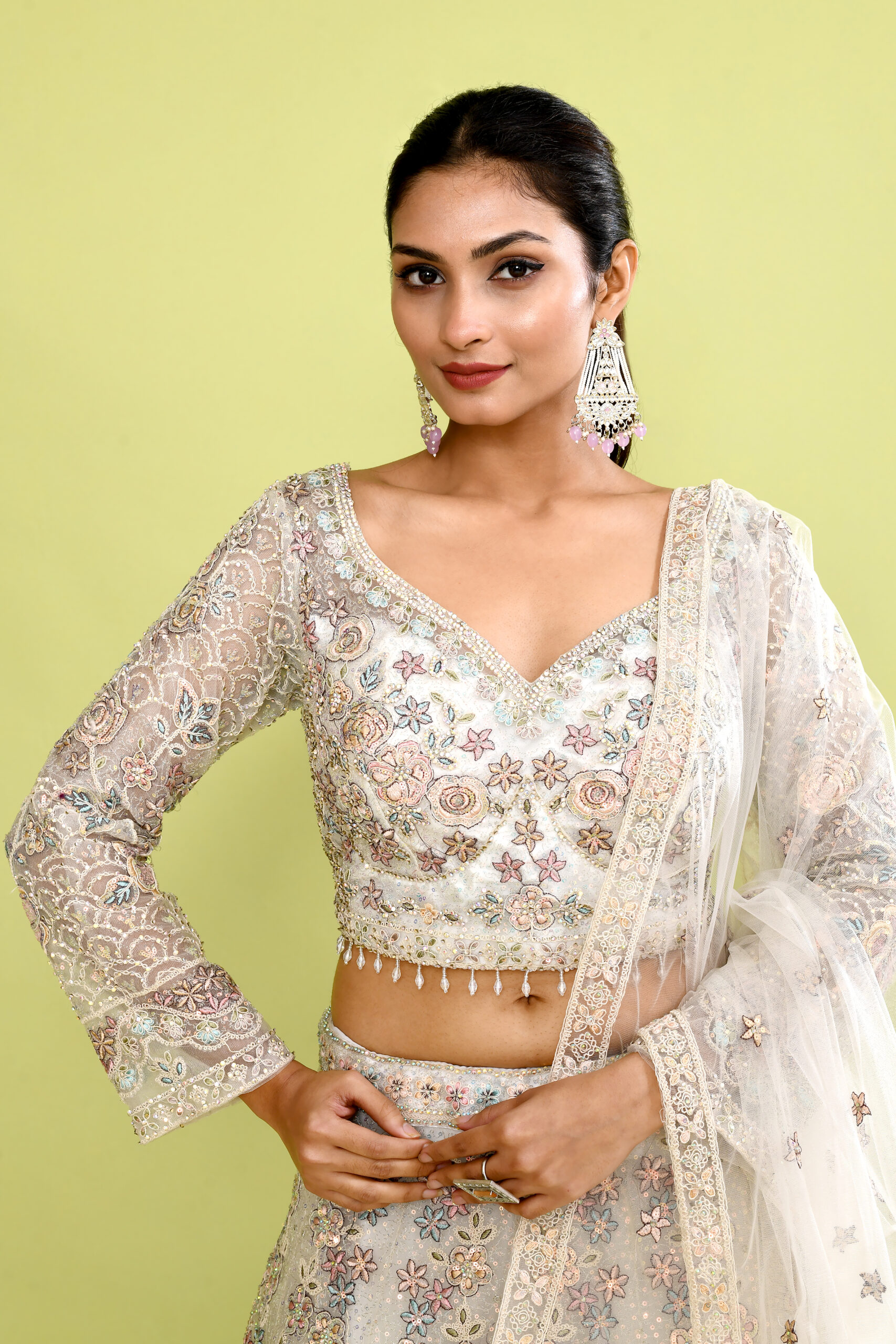 Peacock Theme White Thread Zardozi Embroidery Lehenga Choli Set & Scalloped Dupatta - Image 4