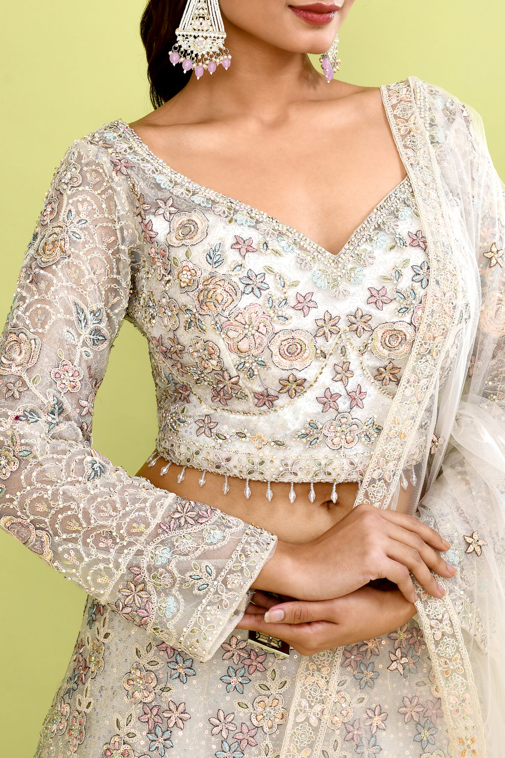 Peacock Theme White Thread Zardozi Embroidery Lehenga Choli Set & Scalloped Dupatta - Image 5