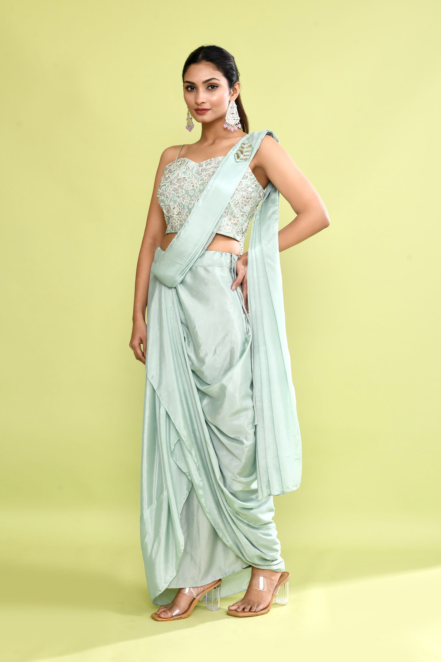 Fresh Pistachio Drape Saree - Image 2