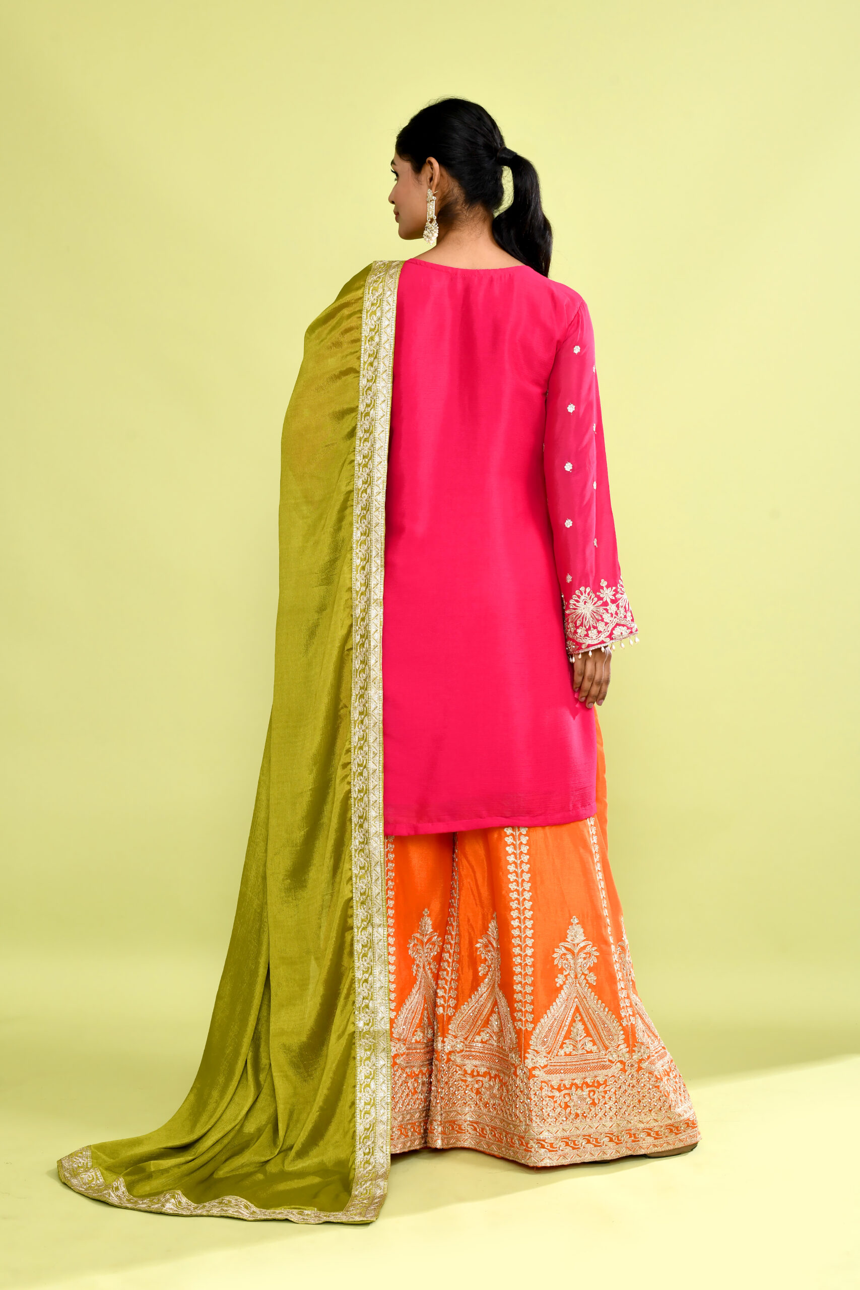 Magenta and Orange Chinon Silk Hand Embroidered Sharara Set - Image 3