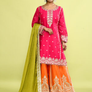 Magenta and Orange Chinon Silk Hand Embroidered Sharara Set