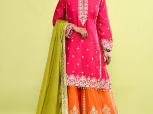 Magenta and Orange Chinon Silk Hand Embroidered Sharara Set