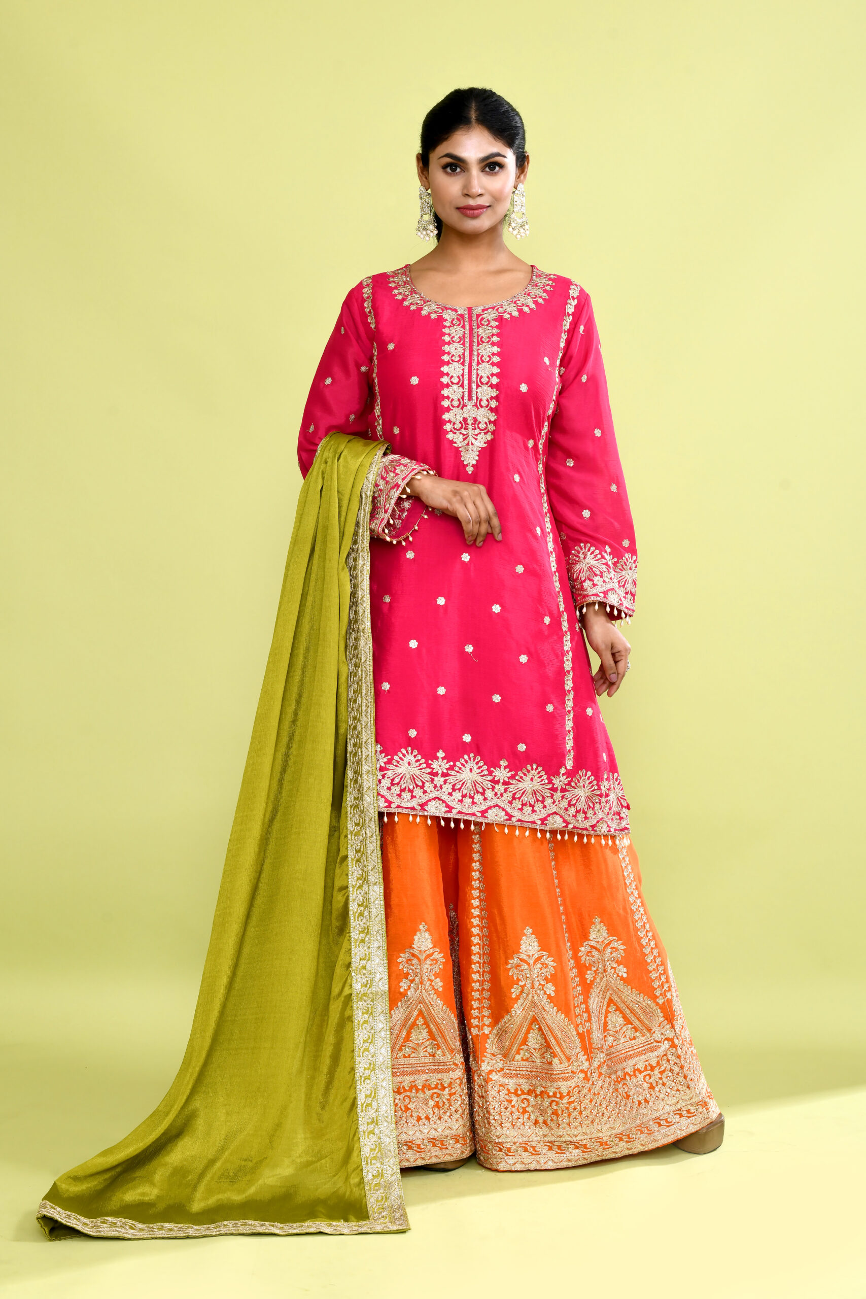 Magenta and Orange Chinon Silk Hand Embroidered Sharara Set