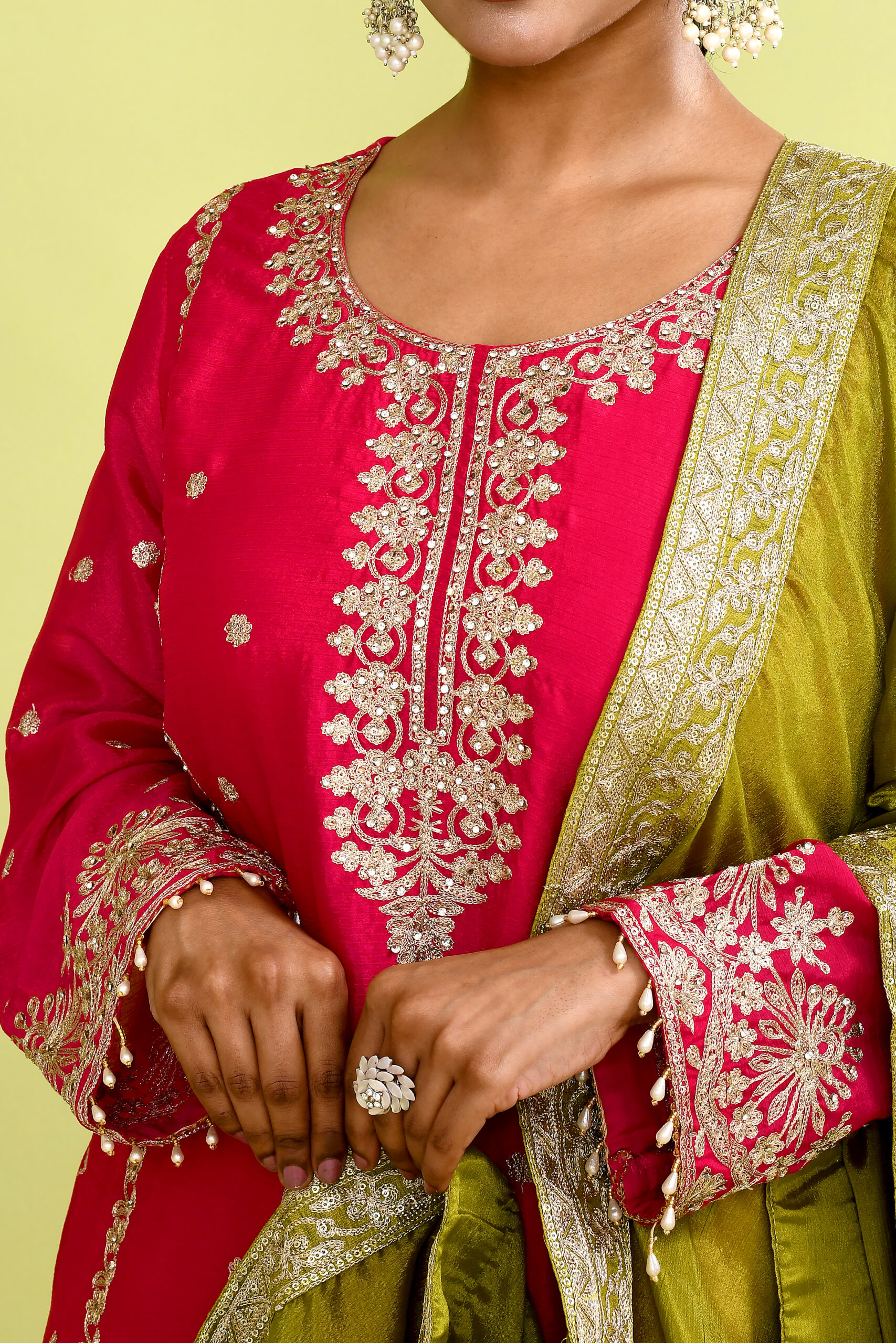 Magenta and Orange Chinon Silk Hand Embroidered Sharara Set - Image 5