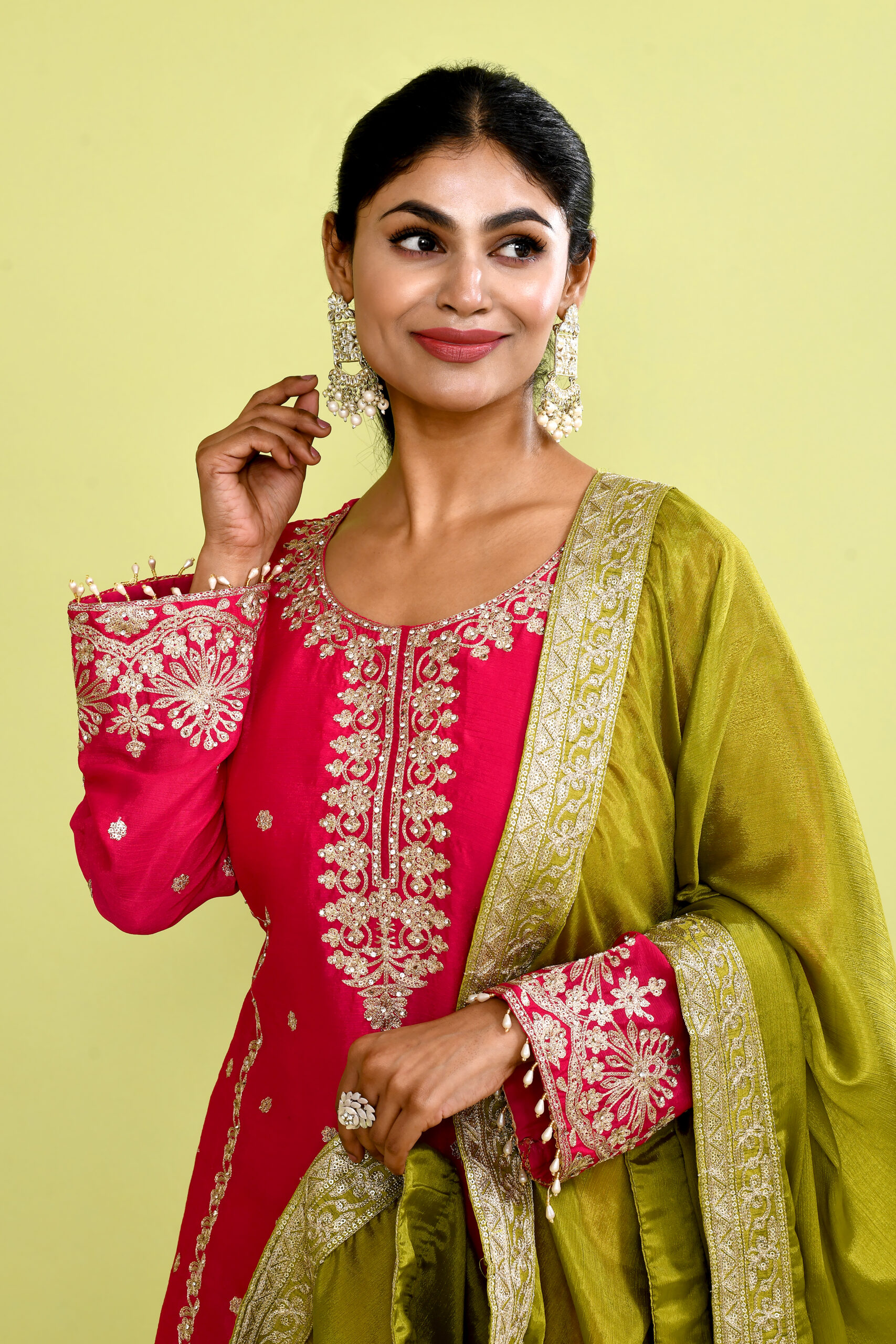 Magenta and Orange Chinon Silk Hand Embroidered Sharara Set - Image 4