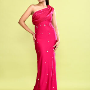 Pink One Shoulder Embellished Satin Maxi Dress for Women | Elegant Evening Party Gown