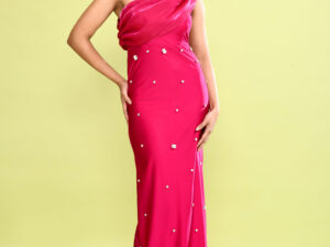 Pink One Shoulder Embellished Satin Maxi Dress for Women | Elegant Evening Party Gown