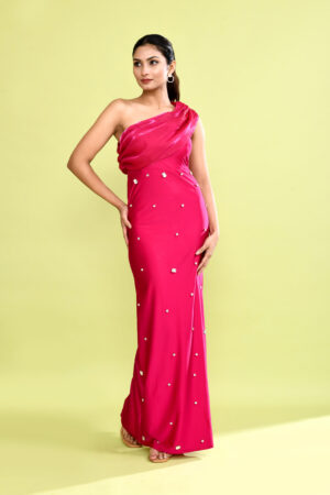 Pink One Shoulder Embellished Satin Maxi Dress for Women | Elegant Evening Party Gown