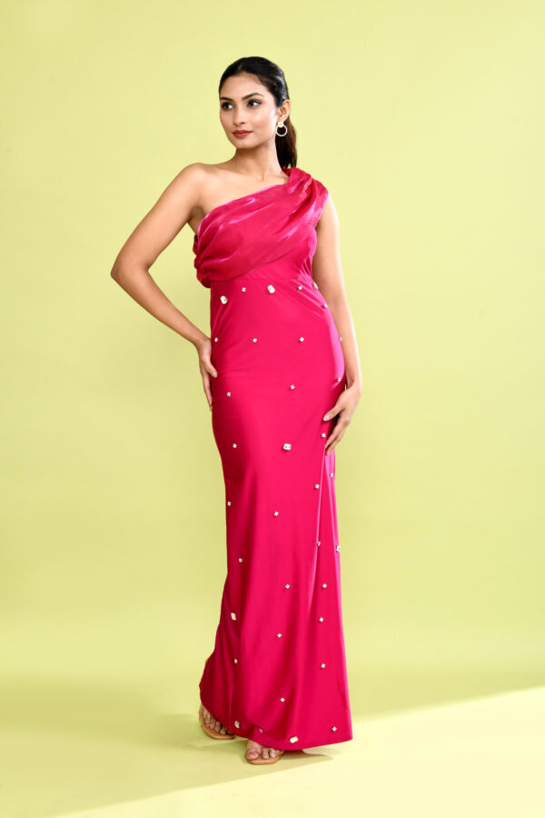 Pink One Shoulder Embellished Satin Maxi Dress for Women | Elegant Evening Party Gown